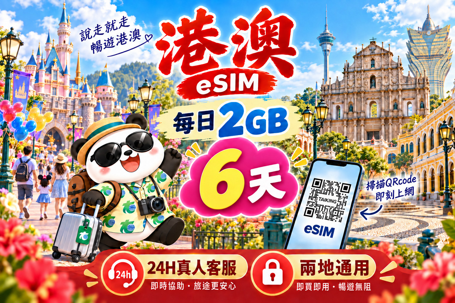 ⓦeSIM港澳-每日2GB上網卡-6天1