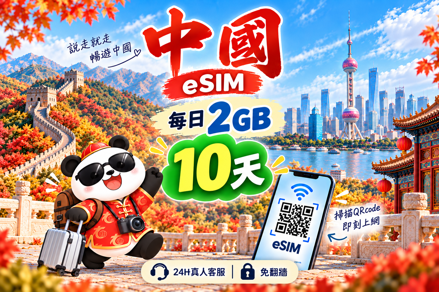 ⓦeSIM中國-每日2GB上網卡-10天1