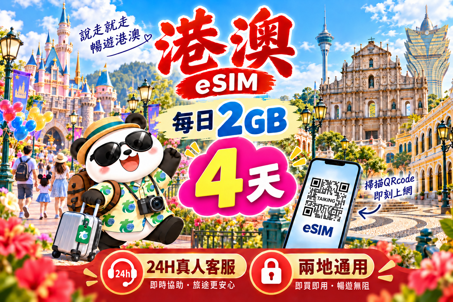 ⓦeSIM港澳-每日2GB上網卡-4天1