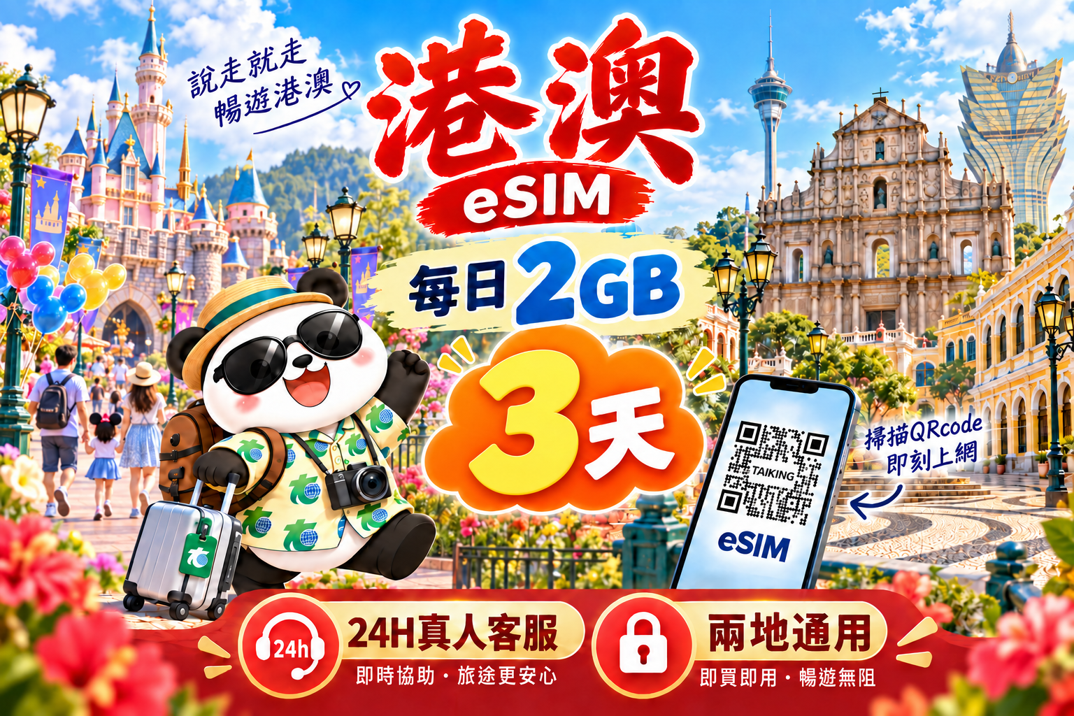 ⓦeSIM港澳-每日2GB上網卡-3天1