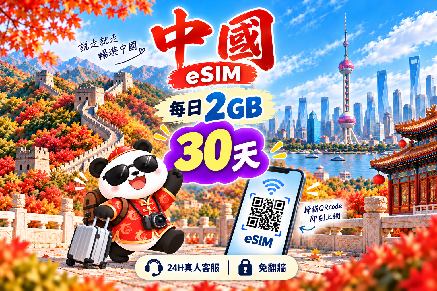 ⓦeSIM中國-每日2GB上網卡-30天1