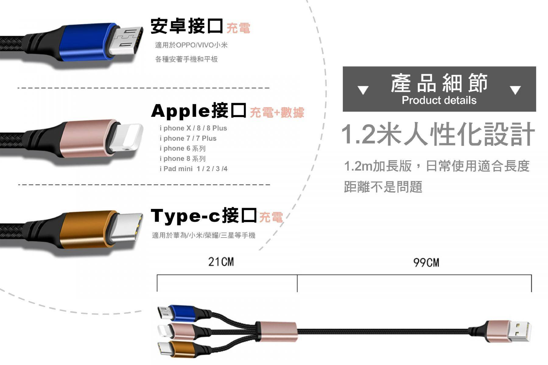 閃充一接三高速充電線(1.2米)4