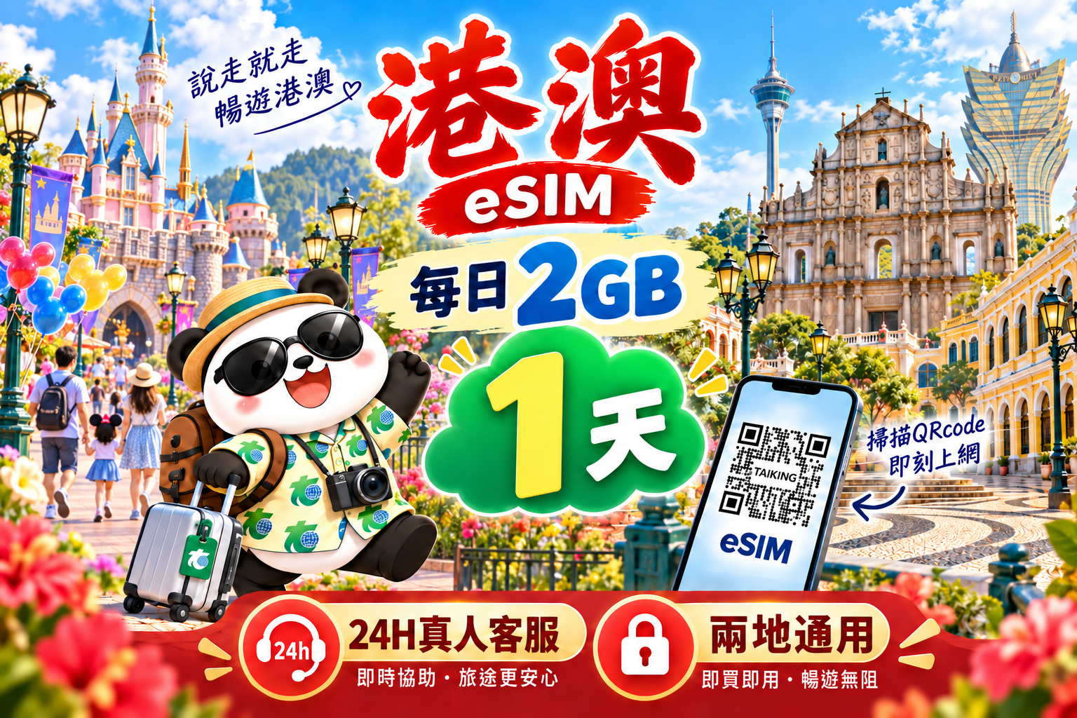 ⓦeSIM港澳-每日2GB上網卡-1天1