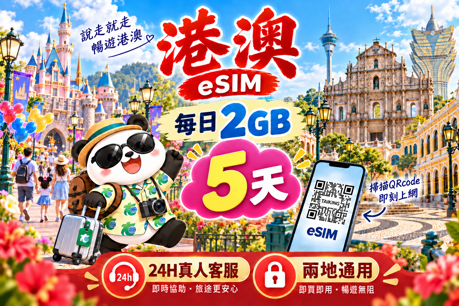 ⓦeSIM港澳-每日2GB上網卡-5天1